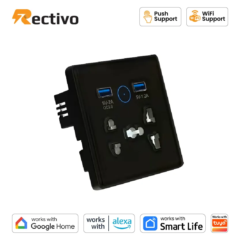 Rectivo 5 Pin Smart Socket Touch WiFi with USB Port Black (Model RSSO-002B)
