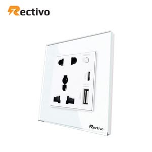 Rectivo Glass Border 5 Pin Socket with Type C and USB Port (White)